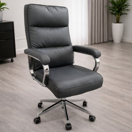 Premium Black Leatherette High-Back Executive Office Chair with Chrome Armrests