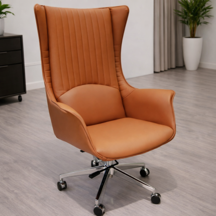 Luxury Tan Leatherette High-Back Executive Office Chair with Winged Back Design