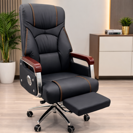 Premium Black Leatherette Executive Office Chair with Recliner & Footrest