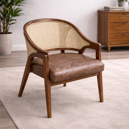 Luxury Wooden Cane Lounge Armchair with Upholstered Seat