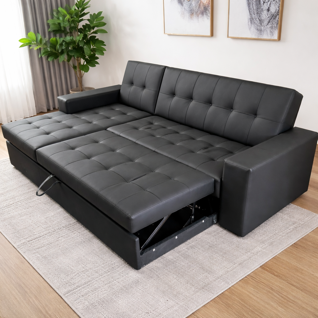 Modern Black Leatherette Sofa Cum Bed with Pull-Out Mechanism Modern Black Leatherette Sofa Cum Bed with Pull-Out Mechanism