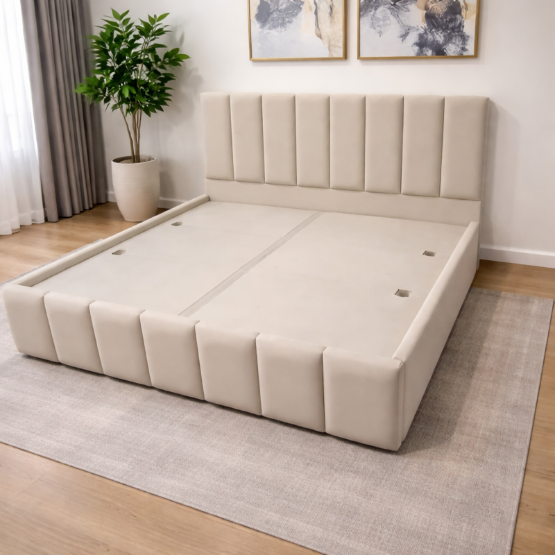 Modern Beige Upholstered Panel Bed with Vertical Headboard