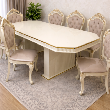 Royal Cream Luxury Dining Table Set with Upholstered Chairs