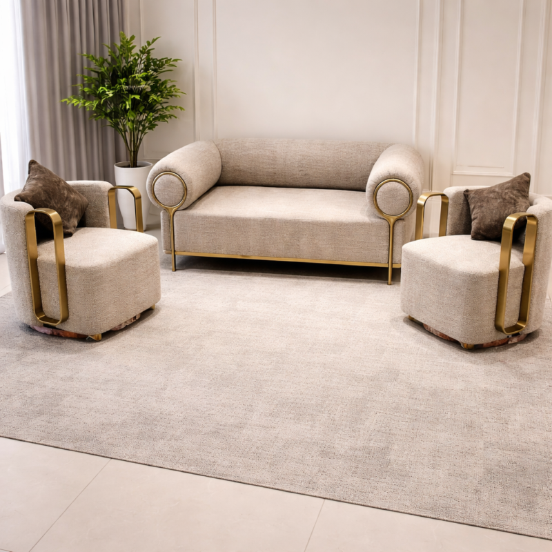 Luxury Beige Sofa Set with Gold Metal Armrests (3+1+1)
