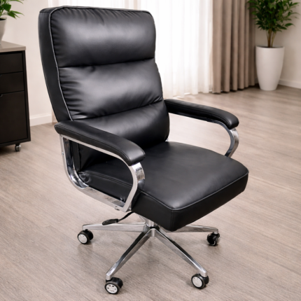 Premium Black Leather High-Back Executive Office Chair with Chrome Arms